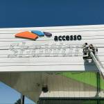 Crews place the new accesso ShoWare Center name last week on the city-owned arena. COURTESY PHOTO, accesso ShoWare Center