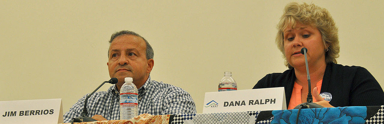 Kent mayoral candidates Jim Berrios and Dana Ralph at a debate earlier this year. The two participated in another debate Friday at the accesso ShoWare Center. FILE PHOTO
