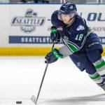 The Thunderbirds&rsquo; Sami Moilanen brings the puck up the ice against the Giants during WHL play Tuesday night. COURTESY PHOTO, Brian Liesse, T-Birds
