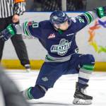 The Thunderbirds Zack Andrusiak celebrates after scoring one of his two goals in a 6-3 win over Regina on Wednesday night. COURTESY PHOTO, Brian Liesse, T-Birds