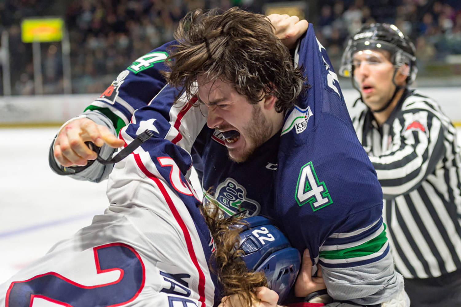 Thunderbirds enforcer Turner Ottenbreit scuffles with the Americans Nolan Yaremko during WHL play Friday night at the accesso ShoWare Center. COURTESY PHOTO, Brian Liesse/T-Birds