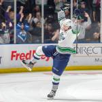 The Thunderbirds Turner Ottenbreit celebrates after scoring the decisive, shootout goal against Swift Current at the accesso ShoWare Center on Saturday night. COURTESY PHOTO, Brian Liesse/T-Birds