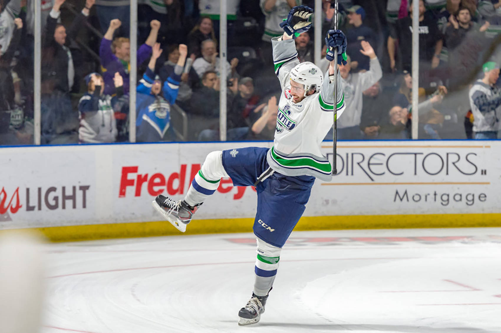 The Thunderbirds Turner Ottenbreit celebrates after scoring the decisive, shootout goal against Swift Current at the accesso ShoWare Center on Saturday night. COURTESY PHOTO, Brian Liesse/T-Birds