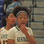 Kentridge sophomore Dayla Ballena, right, looks to the bench for instruction during a 4A regional basketball playoff against Bellarmine Prep on Saturday. Ballena scored a career-high 19 points and her backcourt teammate, senior Tresai McCarver, left, had nine points in the win. MARK KLAAS, Kent Reporter
