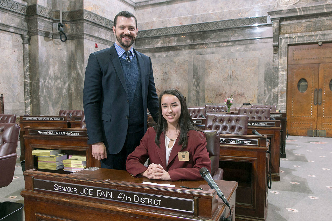 Karson Humiston on the Senate floor with her sponsor, Sen. Joe Fain, R-Auburn. COURTESY PHOTO, Washington State Legislature