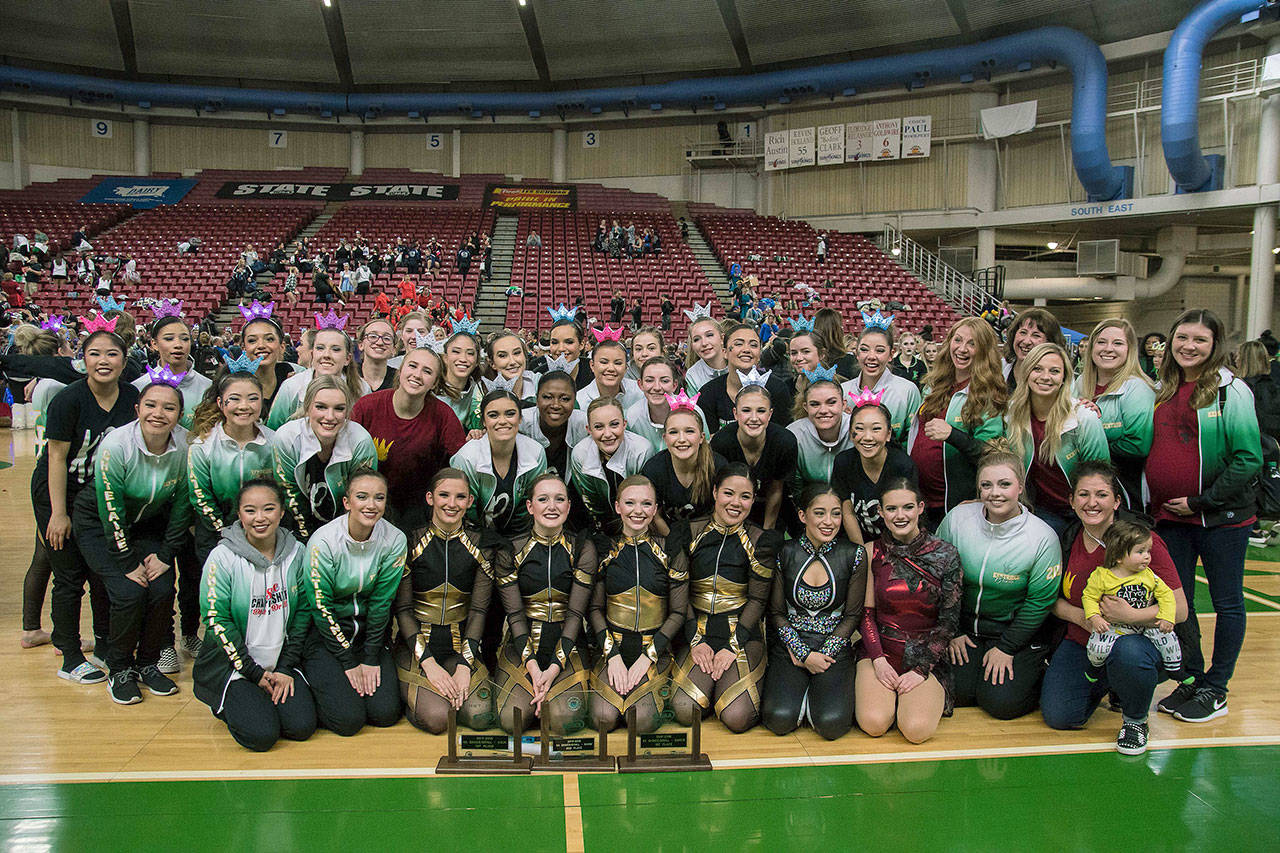 The Kentridge High School Chatelaines Dance Team savors its fourth consecutive 4A state dance title at the Yakima Valley SunDome last Friday. DAVID ZIMMERMAN, Zimbug Photography