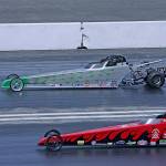 Rentons Ryan Warnke, above, duels Bobby Burkevies Jr., during a qualifying run in the Junior Dragster Lightning category at Pacific Raceways last Saturday. Area teams converged at the drag strip for the inaugural Mark Lyle Junior Invitational, a tribute race for the late NHRA chief official starter who began his career at the Kent track. MARK KLAAS, Kent Reporter