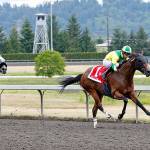 Bella Mia, with Julien Couton up, dashes down the stretch to capture the $50,000 Kent Stakes at Emerald Downs on Sunday. COURTESY TRACK PHOTO