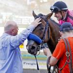 The right stuff: Jockey Julien Couton, aboard Alliford Bay, meets trainer Blaine Wright after taking the Washington State Legislators Stakes for older fillies and mares at Emerald Downs on Saturday. COURTESY TRACK PHOTO