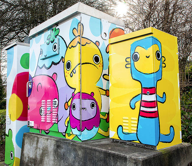 A traffic signal utility box dedicated earlier this year near West James Street and the accesso ShoWare Center. COURTESY PHOTO, City of Kent