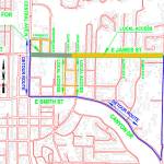 This map shows the proposed detour route planned for later this summer for construction along East James Street. COURTESY GRAPHIC, City of Kent