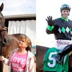 Hall of Fame bound: Trainer Doris Harwood looks up to one of her superstar horses she trained, Noosa Beach. Right, Jockey Juan Gutierrez celebrates a five-win day at Emerald Downs. Both will be enshrined this weekend at the track. COURTESY AND REPORTER FILE PHOTOS