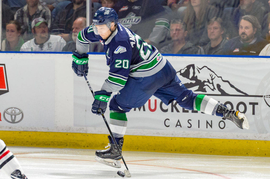 The Thunderbirds Dillon Hamaliuk fires a shot against the Portland Winterhawks during season-opening WHL play at the accesso ShoWare Center on Saturday night. COURTESY PHOTO, Brian Liesse, Thunderbirds
