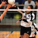 Benishe Dillard-Roberts fires back a shot during her career at Long Beach State. She was the 49ers main force, leading the team with 405 kills in 1998 en route to an undefeated season and NCAA championship. COURTESY PHOTO, LBSU Athletics