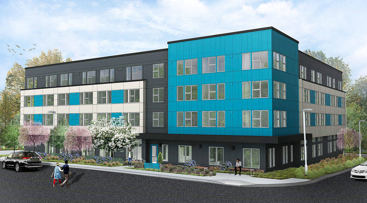 Seattle-based Catholic Community Services/Catholic Housing Services plans to build an 80-unit housing complex for the homeless on Kents West Hill. COURTESY GRAPHIC