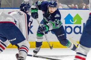 Thunderbirds captain Nolan Volcan fires a shot in the Tri-City zone during WHL play Tuesday night at the accesso ShoWare Center. Volcan had two goals and two assists in Seattles 5-4 win. COURTESY PHOTO, Brian Liesse, T-Birds