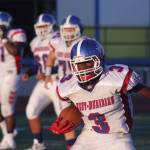 The Royals Jordan Wigfall runs into the clear after catching a pass against Mount Rainier in an NPSL game Friday at Highline Stadium in Burien. MARK KLAAS, Kent Reporter