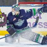 Thunderbirds goalie Liam Hughes anticipates a shot during WHL play against Portland on Saturday night. COURTESY PHOTO, Brian Liesse, T-Birds