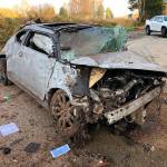 The Washington State Patrol released this photo Tuesday of the single-car crash along Highway 167 in Kent on Sunday that seriously injured the woman driver. COURTESY PHOTO, State Patrol