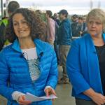 Jazmine Donovan, Dicks Drive-In executive vice president, left, and Kent Mayor Dana Ralph address the media on Thursday outside of the restaurant in an effort to remove the site from Sound Transits list of where to build a new light rail operations and maintenance yard. STEVE HUNTER, Kent Reporter