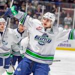 Matthew Wedman celebrates one of his three goals in the Thunderbirds 6-4 win over the Royals on Saturday night at the accesso ShoWare Center. COURTESY PHOTO, Brian Liesse, T-Birds