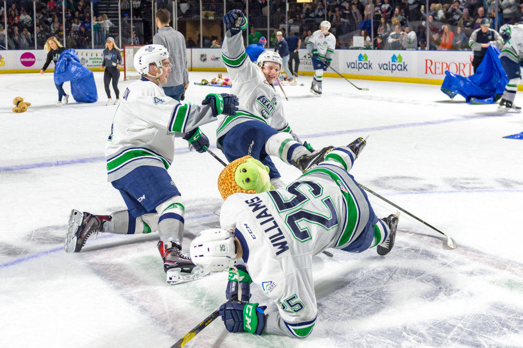 Players have fun while gathering the furry donations from the Fred Meyer Teddy Bear Toss Night presented by WARM 106.9 FM. COURTESY PHOTO, Brian Liesse, T-Birds