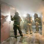Puget Sound Fire firefighters fight a blaze last June at the Lake Meridian Park bathhouse. COURTESY PHOTO, Puget Sound Fire