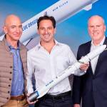 From left to right: Jeff Bezos, Blue Origin founder; Dan Goldberg, Telesat CEO; and Bob Smith, Blue Origin CEO. COURTESY PHOTO, Blue Origin