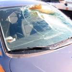 A driver suffered only minor scratches from glass splinters after a piece of lumber from an unsecured load went through the vehicles windshield around noon Tuesday along Highway 167 southbound in Kent near the 84th Avenue South exit. The driver of the vehicle that lost the lumber did not stop. COURTESY PHOTO, State Patrol