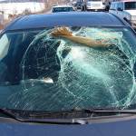A driver suffered only minor scratches from glass splinters after a piece of lumber from an unsecured load went through the vehicles windshield around noon Tuesday along Highway 167 southbound in Kent near the 84th Avenue South exit. The driver of the vehicle that lost the lumber did not stop. COURTESY PHOTO, State Patrol