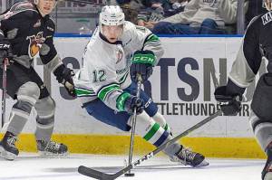 The Thunderbirds Henrik Rybinski skates through the Giants during WHL play Tuesday night. COURTESY PHOTO, Brian Liesse, T-Birds