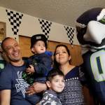 Seahawks tight end Will Dissly and Blitz made a surprise visit to the Magana family at their Kent apartment Thursday for a bedroom makeover reveal with five of their young sons. The shared bedroom received a new Monster Jam-themed look, complete with bedding, décor and toys. COURTESY PHOTO