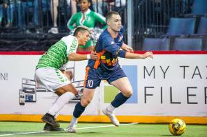 The Stars Nick Perera drives the ball up the field against a Sidekick defender during MASL play in Dallas on Saturday night. COURTESY, Michael Lark Photography