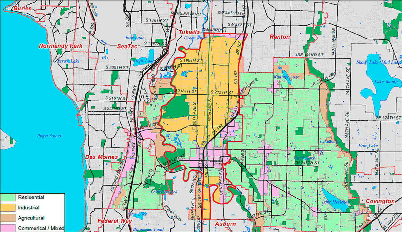 The area in yellow/gold shows the Kent Industrial Valley area that city leaders want to change to attract businesses besides more warehouses. COURTESY GRAPHIC, City of Kent