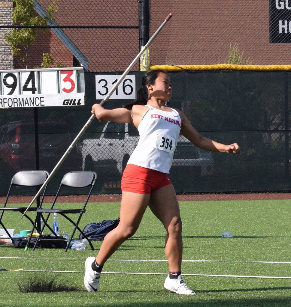 Kent-Meridians Amanda Pham captures the NPSL javelin title with a throw of 105 feet, 8 inches. RACHEL CIAMPI, Kent Reporter