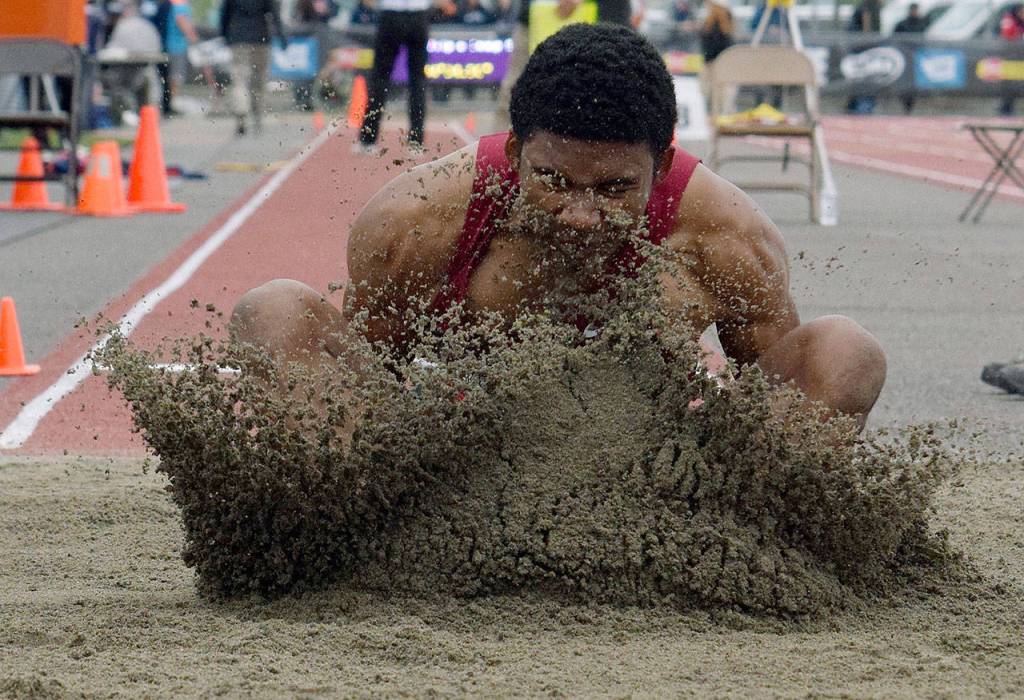 Kentlakes Justice Etafo claims the 4A long jump title with a leap of 23 feet, 3 inches. RACHEL CIAMPI, Kent Reporter