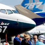 A Boeing 737 Max, a 787 Dreamliner and an Airbus A380 on display at the Paris Air Show in Le Bourget, France, in 2017. (AP Photo/Michel Euler)
