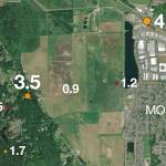 An aerial photo shows the locations of two earthquakes and five aftershocks in and near Monroe, which rattled the Puget Sound region early Friday. The first was the magnitude 4.6 quake at upper right, 13 miles under the intersection of U.S. 2 and Fryelands Boulevard SE at 2:51 a.m. The second, magnitude 3.5, occurred 18 miles under the Old Snohomish-Monroe Road at 2:53 a.m. The aftershocks followed during the ensuing two hours. This image depicts an area about 3 miles wide. (Herald staff and the Pacific Northwest Seismic Network)