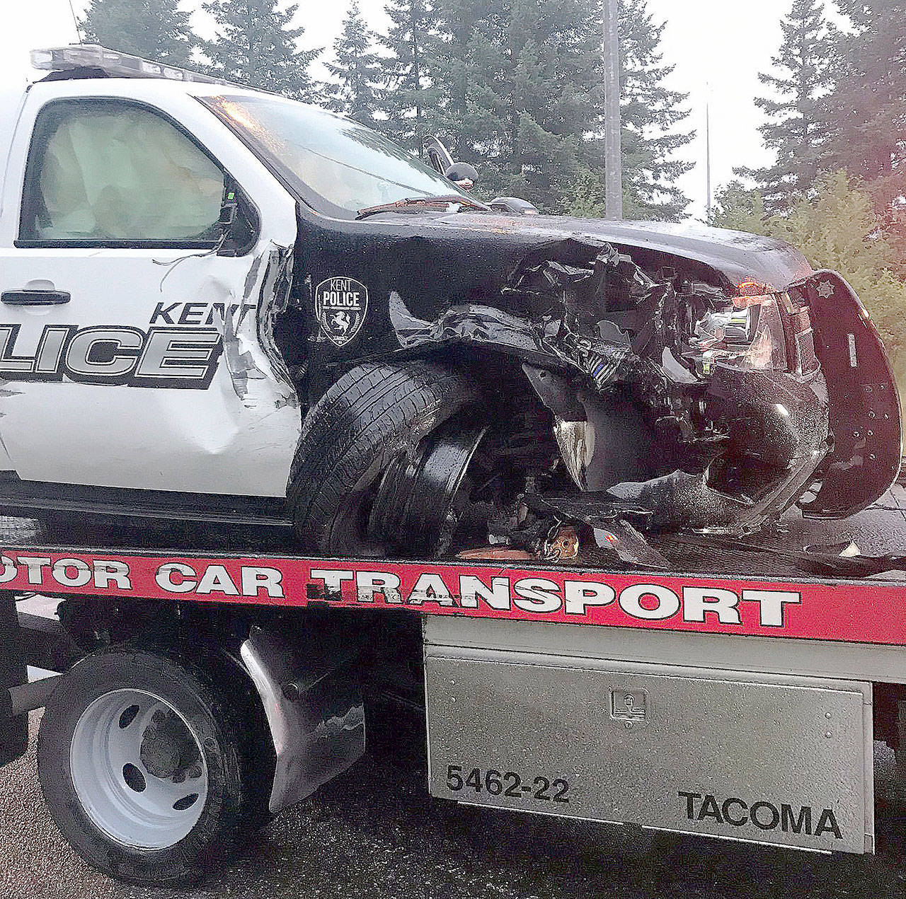 A Kent Police SUV is recovered near Interstate 90 and Highway 18 early Friday morning after a woman reportedly stole the vehicle near Kentridge High School and led police on a pursuit. Officers arrested the woman in the vehicle near I-90 and Highway 18. Nobody was injured during the pursuit. COURTESY PHOTO, Washington State Patrol
