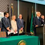 From left to right: Liquor and Cannabis Board Director Rick Garza, Attorney General Bob Ferguson, Sen. Patty Kuderer, Washington State Dept. of Health Secretary John Wiesman and Gov. Jay Inslee speak at a Seattle press conference Friday about changes to how the state regulates the vaping industry in light of a recent health crisis. COURTESY PHOTO, Office of the Governor