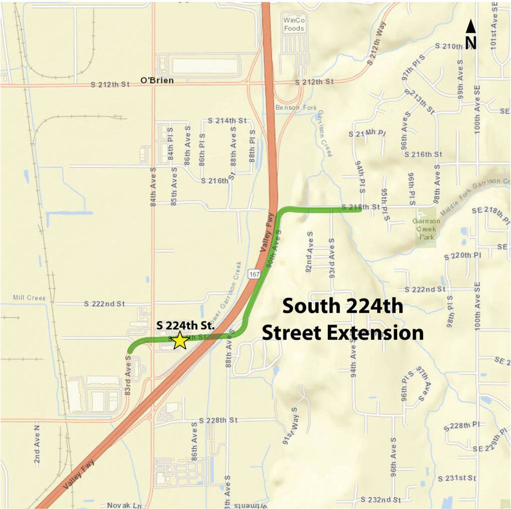 The recently completed section of South 224th Street, that includes a new bridge over Highway 167. COURTESY GRAPHIC, City of Kent