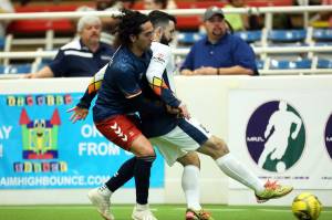 Alex Caceres fends off a Mesquite Outlaws defender during Tacomas 5-2 loss on Sunday. COURTESY PHOTO, MASL Media/Mesquite Outlaws