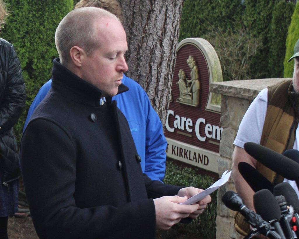 Kevin Connolly, whose 81-year-old father-in-law is a resident at Life Care, reads from a statement at the March 5 press conference. Blake Peterson/staff photo
