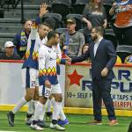 Stars coach Adam Becker congratulates Mike Ramos on his second quarter goal during Tacomas 6-2 loss in San Diego on Sunday. COURTESY PHOTO, MASL Media/San Diego Sockers