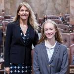 From left: Rep. Debra Entenmen with page Fay Greenwald; Rep. Tina Orwall with page Aeddan Claflin; and Rep. Mia Gregerson with page Amy Kaur. COURTESY PHOTOS, Washington State Legislative Support Services