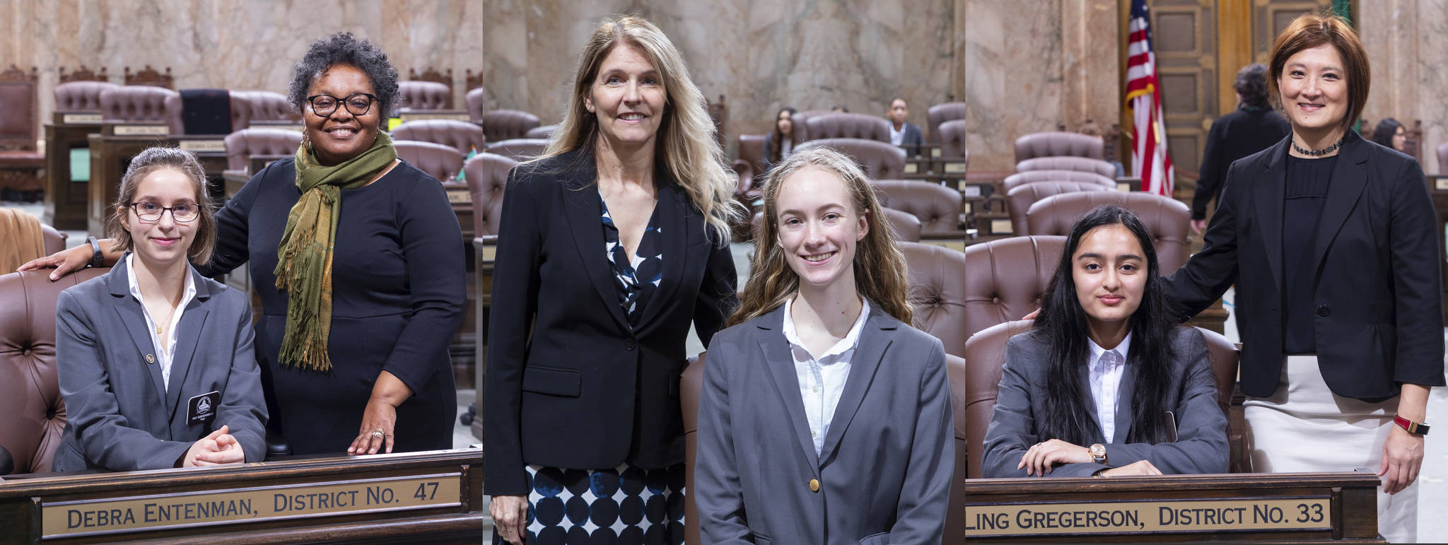 From left: Rep. Debra Entenmen with page Fay Greenwald; Rep. Tina Orwall with page Aeddan Claflin; and Rep. Mia Gregerson with page Amy Kaur. COURTESY PHOTOS, Washington State Legislative Support Services