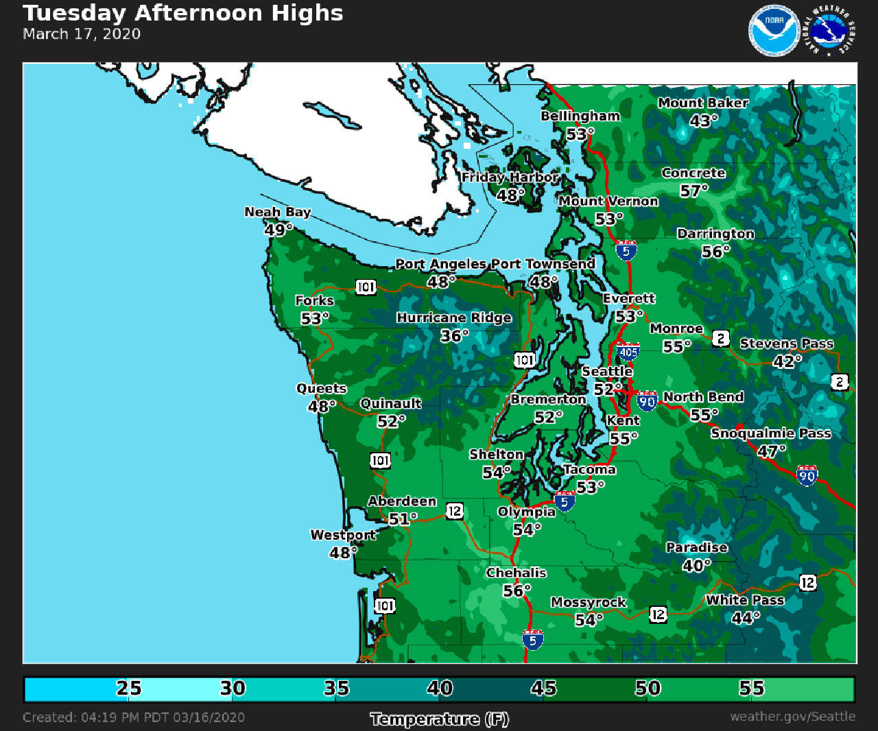 Kent should reach 55 degrees on Tuesday. COURTESY GRAPHIC, National Weather Service