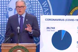 Screenshot of Gov. Jay Inslees press conference from March 20, 2020, on TVW.