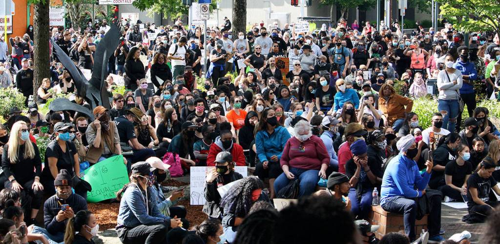 After the protest march, the crowd gathers outside of Kent City Hall June 11 to listen to speakers. STEVE HUNTER, Kent Reporter