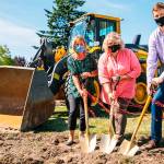 Kent City Council President Toni Troutner, Mayor Dana Ralph and Deputy Public Works Director Chad Bieren help kick off construction of the new roundabout at Fourth Avenue South and Willis Street. COURTESY PHOTO, City of Kent